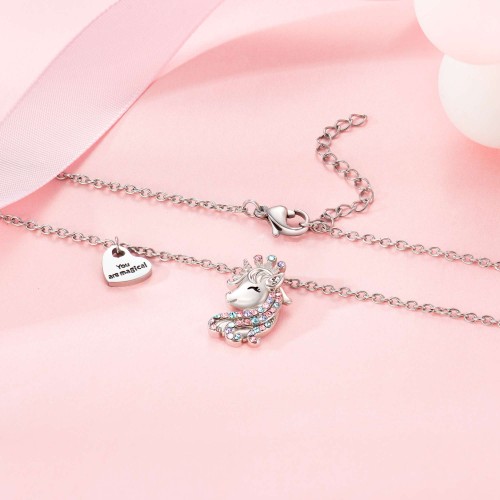 Prdigy 5Pcs Girls Unicorn Jewelry Set, You are Magical, Unicorn Necklace  for Girl Women, CZ Stone Heart Pendant Necklace(Silver) 